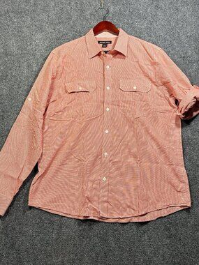 Michael Kors Shirt Mens Large Orange Gingham Check Cotton Roll Tab Sleeve Pocket
